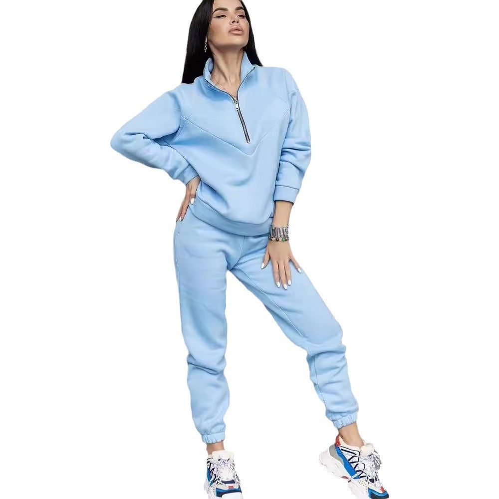 Women's Two-Piece Sweat Loungewear Set with Troyer Zipper and Elastic Jogging Pants Mune Fashion