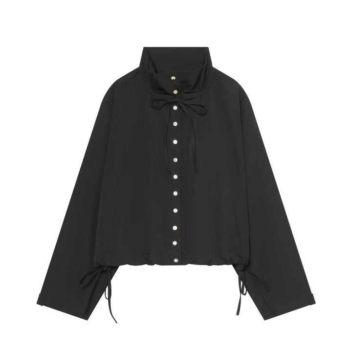 Women Cropped Oversized Utility Jacket with Stand Collar and Drawstring Mune Fashion
