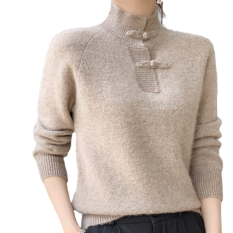 Women Cashmere-Look Mockneck Pullover with decorative KnMune Fashion button placket Mune Fashion