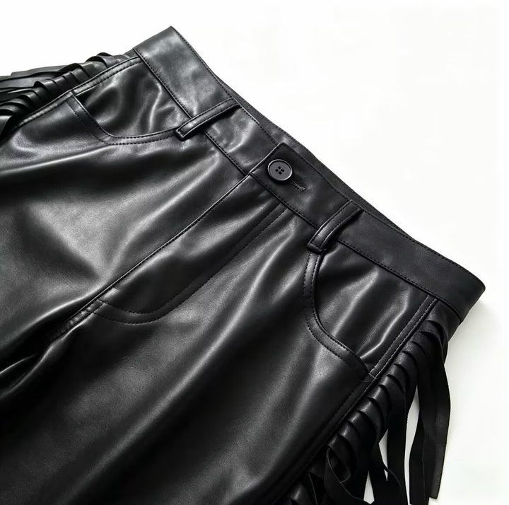 Women's Wide Faux Leather Culotte with Side Fringes Mune Fashion