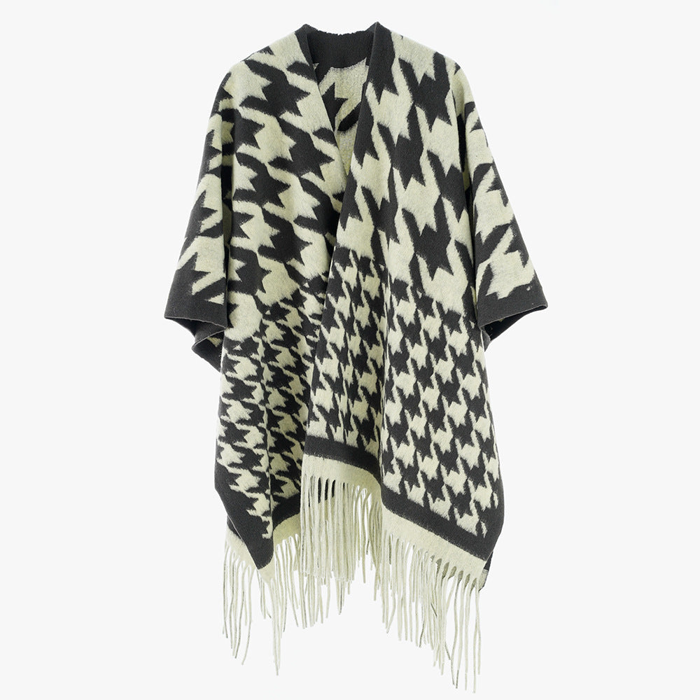 Women Wool Blend Poncho with Houndstooth Pattern and Fringe Hem Mune Fashion