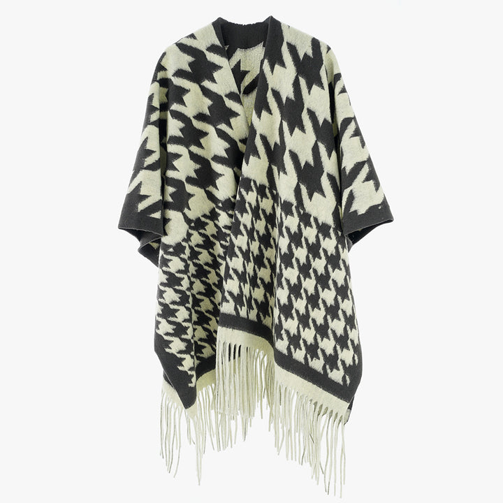 Women Wool Blend Poncho with Houndstooth Pattern and Fringe Hem Mune Fashion