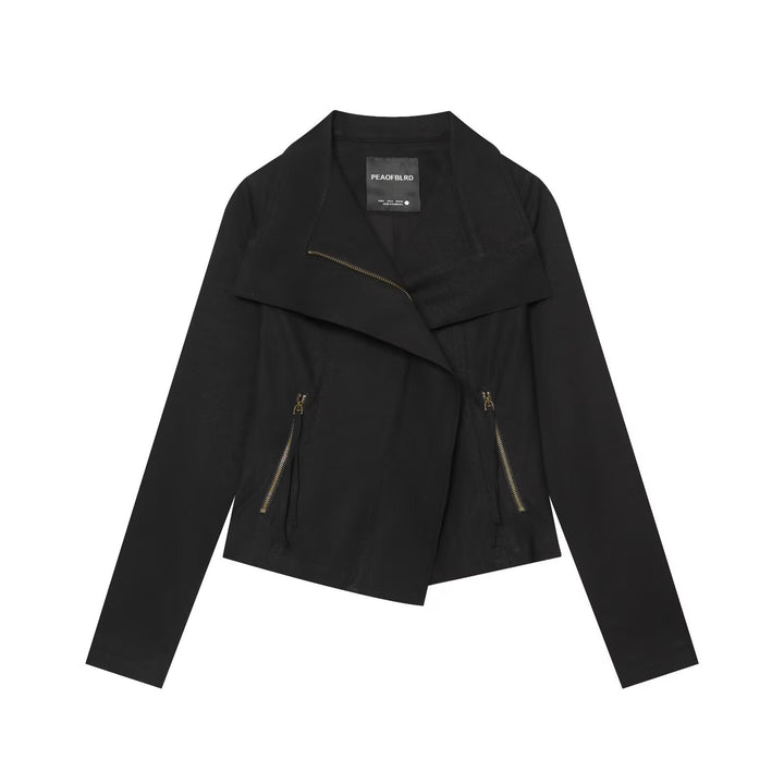 Women Asymmetrical Biker Jacket with Waterfall Collar and Diagonal Zipper Mune Fashion
