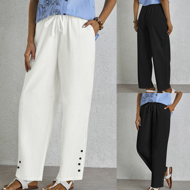Women's Light Palazzo Pants with Elastic Waistband, Drawstring and Decorative Button Detail Mune Fashion