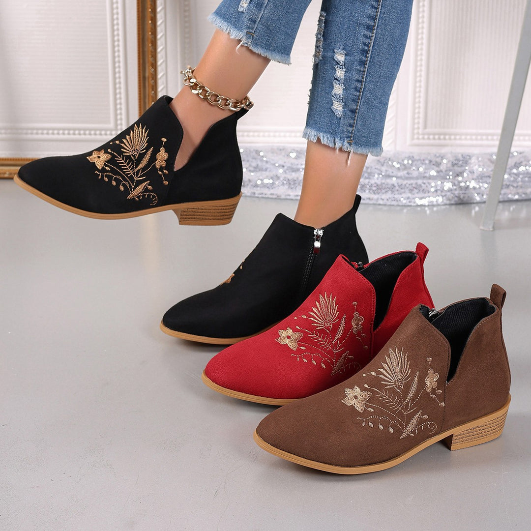 Women Embroidered Ankle Boots with V-Cut and Side Zipper Mune Fashion
