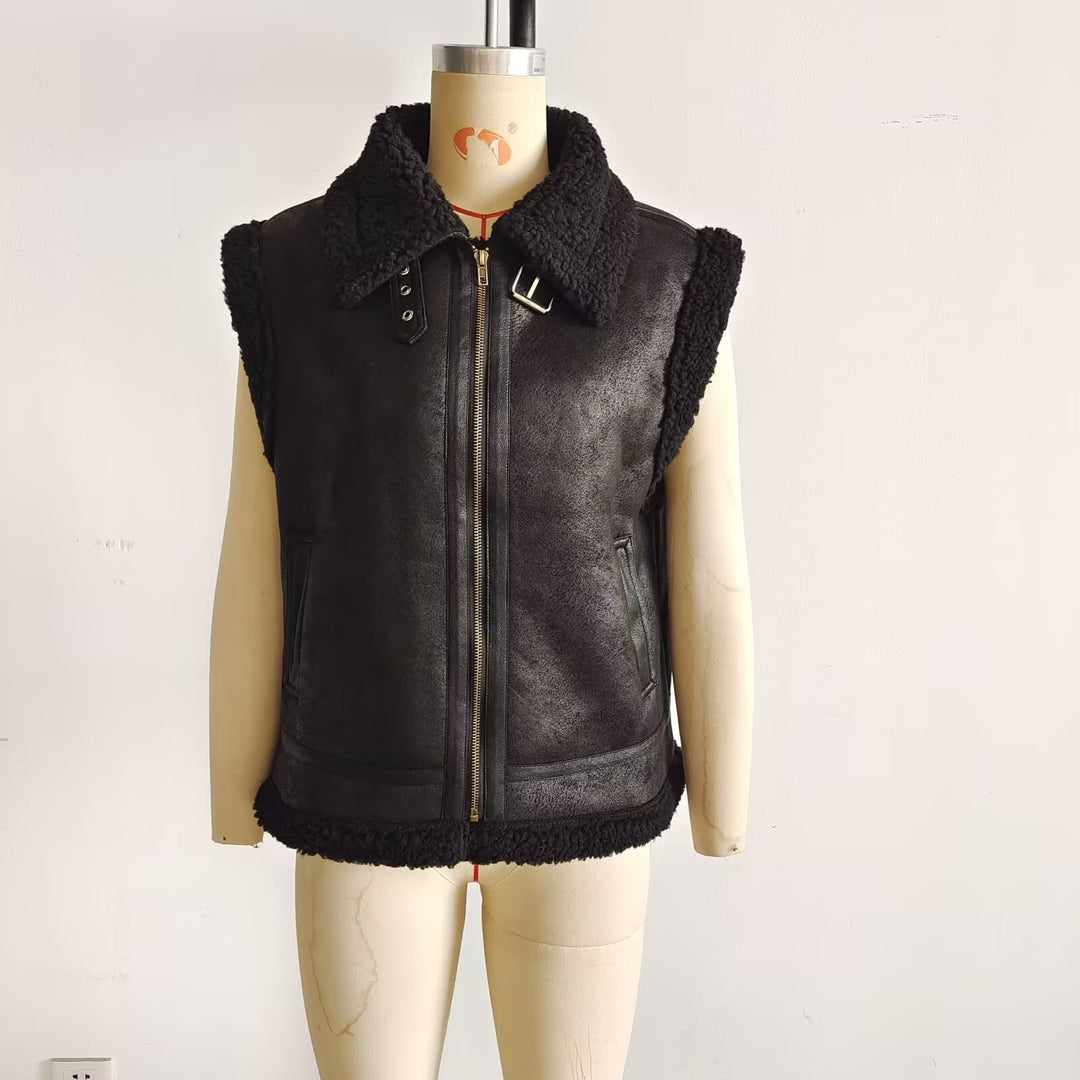 Women nan padded lambskin imitation vest with large Sherpa collar, zipper and side pockets Mune Fashion