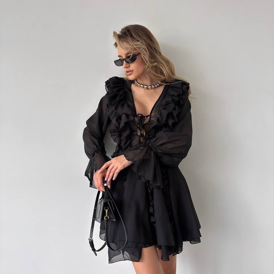 Women Chiffon Mini Dress with Ruffles, Deep V-Neck and Balloon Sleeves Mune Fashion
