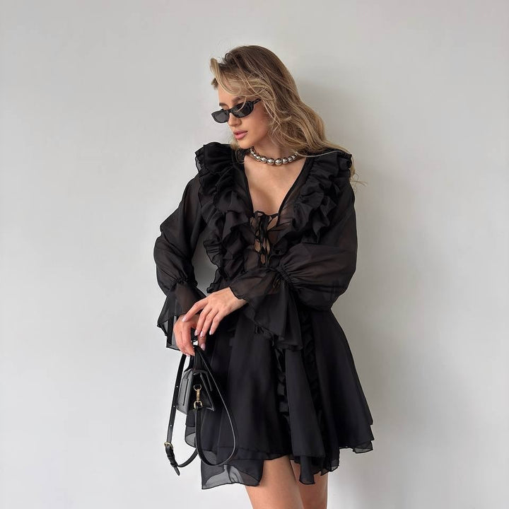 Women Chiffon Mini Dress with Ruffles, Deep V-Neck and Balloon Sleeves Mune Fashion