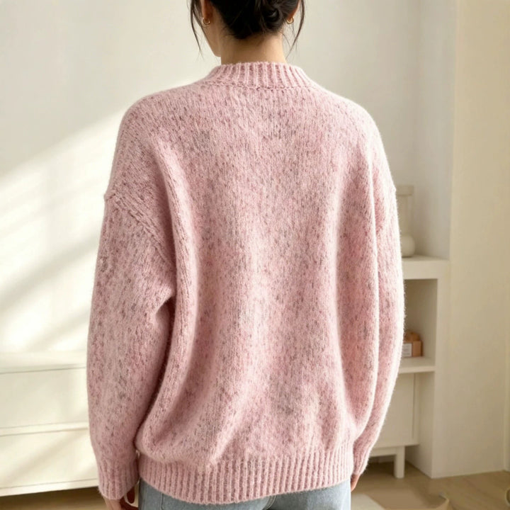 Women's chunky knit short cardigan with round neckline and marled tweed effect Mune Fashion