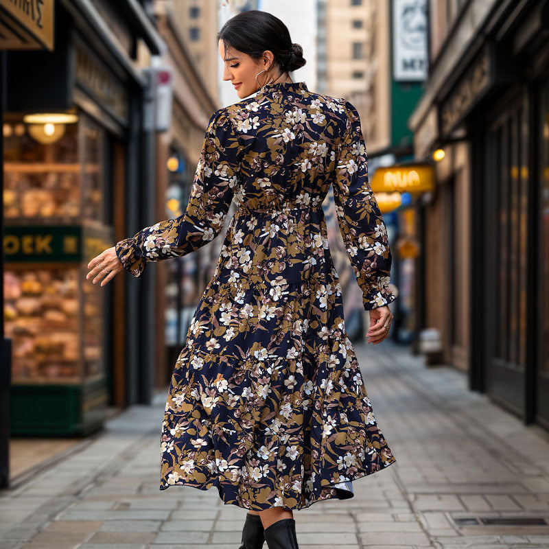 Women's Flowing Floral Midi Dress with V-Neck, Smocked Waistband, and Tiered Skirt Mune Fashion