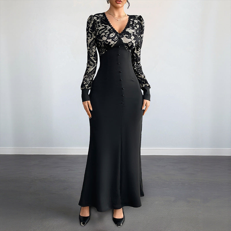Women Figure-hugging Maxi Dress with Lace Top, V-Neck and Decorative Button Placket Mune Fashion