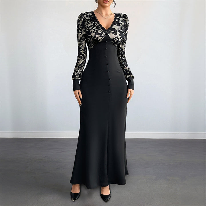 Women Figure-hugging Maxi Dress with Lace Top, V-Neck and Decorative Button Placket Mune Fashion