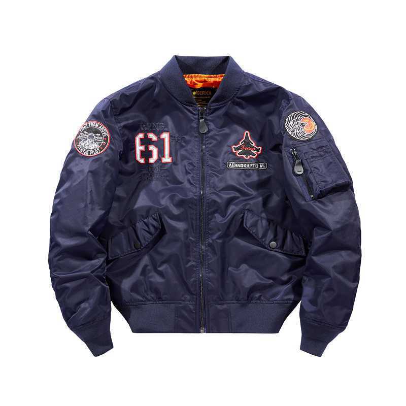 Men's short-cut flight bomber jacket with emblem patch, sleeve utility pocket and contrasting interior lining Mune Fashion