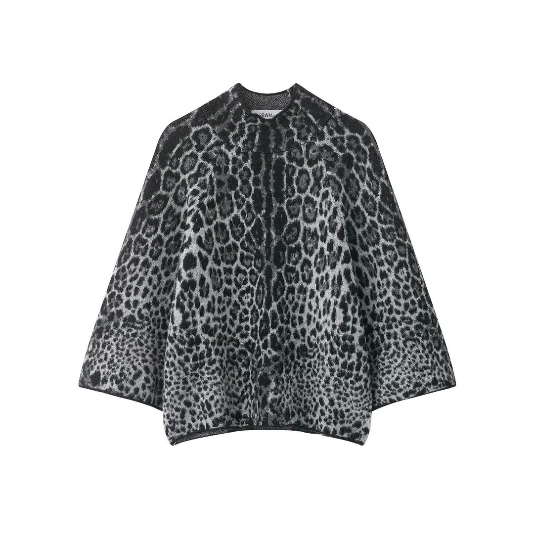 Women's Oversize Poncho with Leopard Jacquard, Structured Roll Neck and Flared A-Line Silhouette Mune Fashion