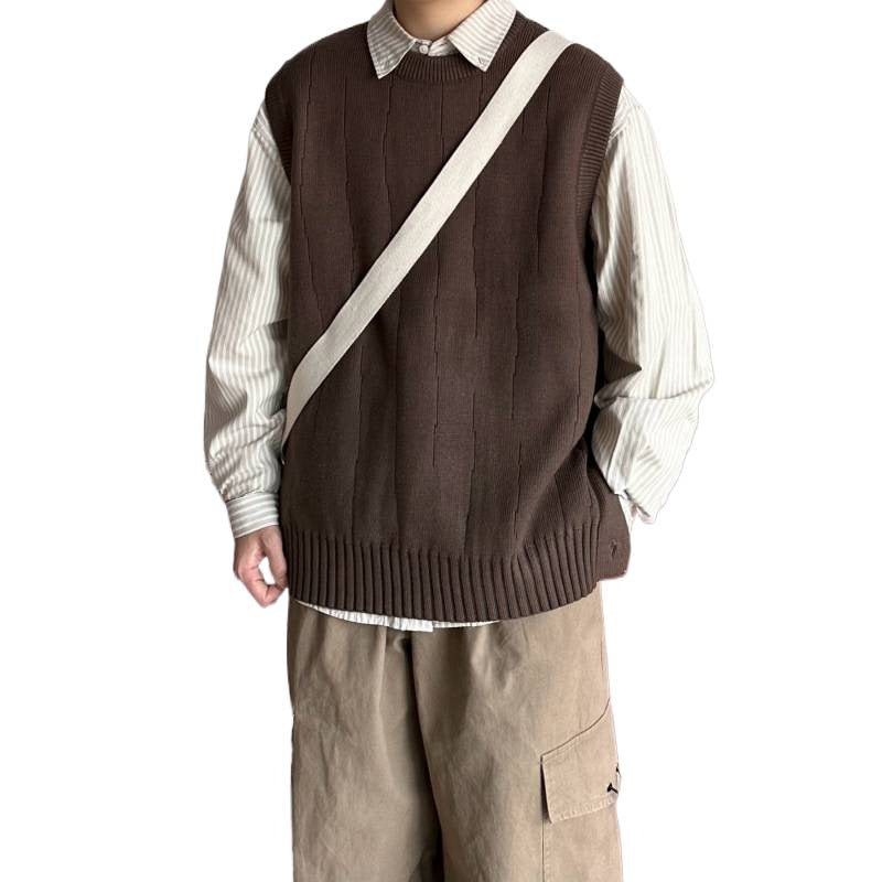 Men's Oversized Sleeveless Knit Vest with Ribbed Hem and Round Neckline Mune Fashion