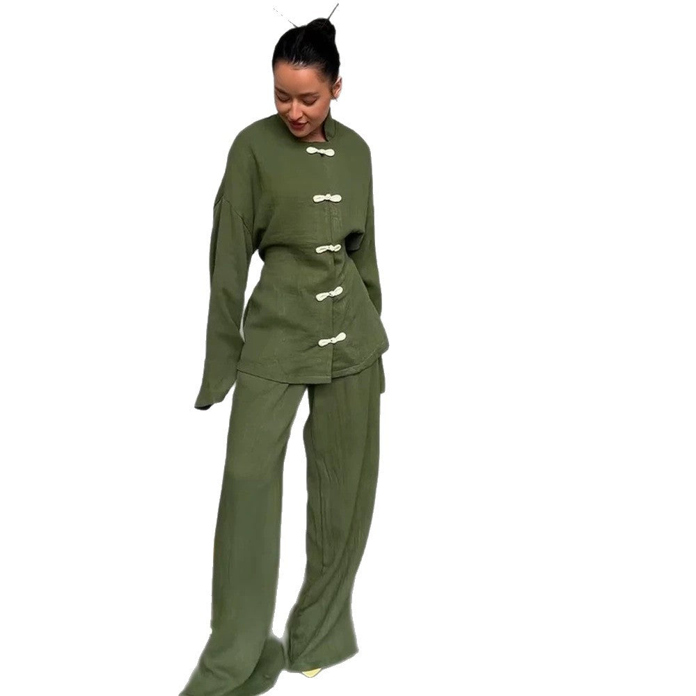 Women's loosely cut linen jacket with mandarin collar and frog closures Mune Fashion