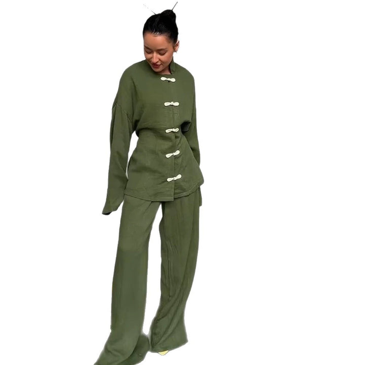 Women's loosely cut linen jacket with mandarin collar and frog closures Mune Fashion