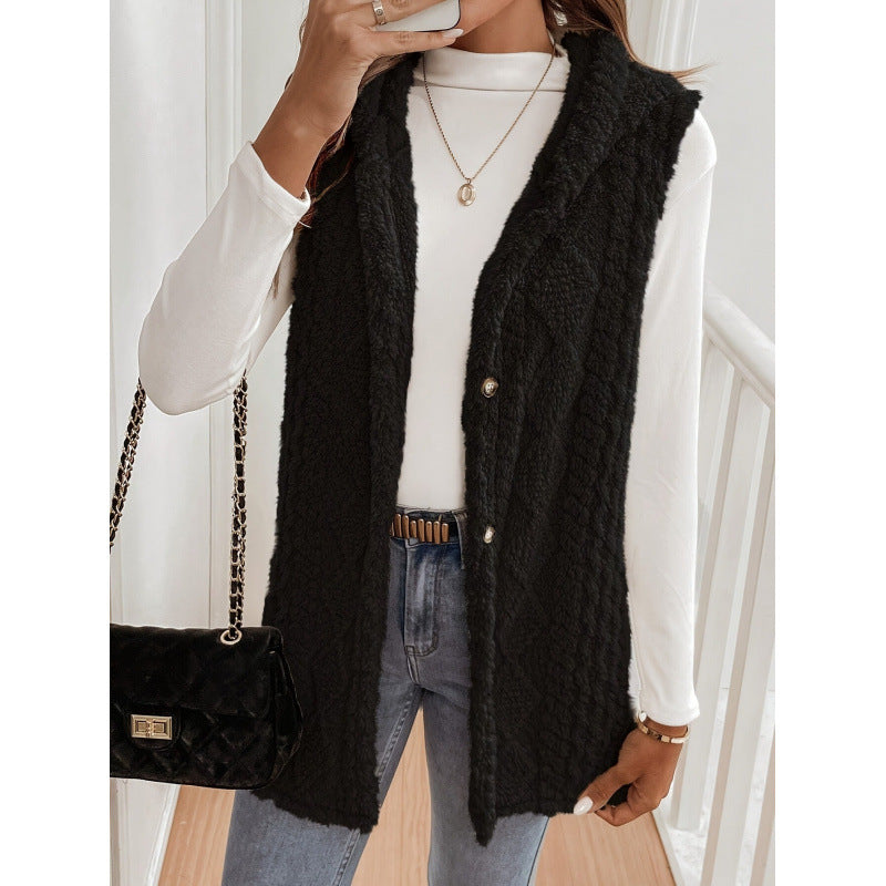 Women's Hooded Teddy Vest with Structured Cable Knit Pattern and Decorative Button Placket Mune Fashion
