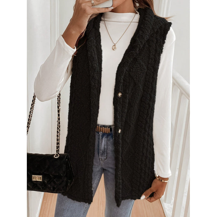 Women's Hooded Teddy Vest with Structured Cable Knit Pattern and Decorative Button Placket Mune Fashion