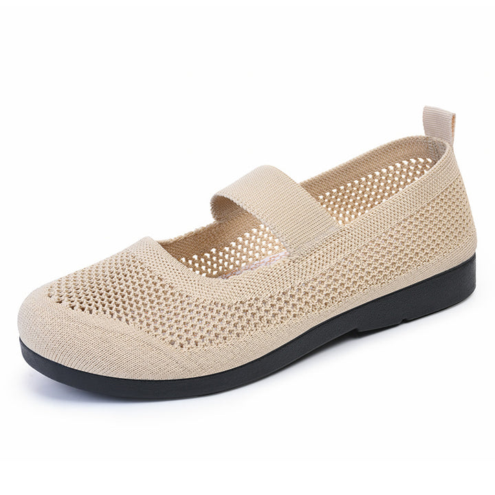 Ladies knitted Mary-Jane comfort ballerina with breathable open knit, elastic strap and cushioning lightweight sole Mune Fashion
