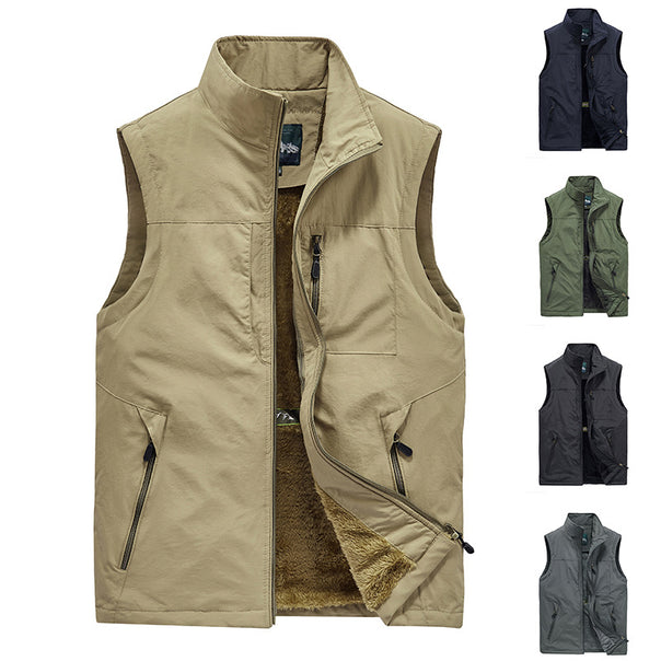 Men's Quilted Fleece-Lined Outdoor Vest with Stand-Up Collar and Zipper Pockets Mune Fashion