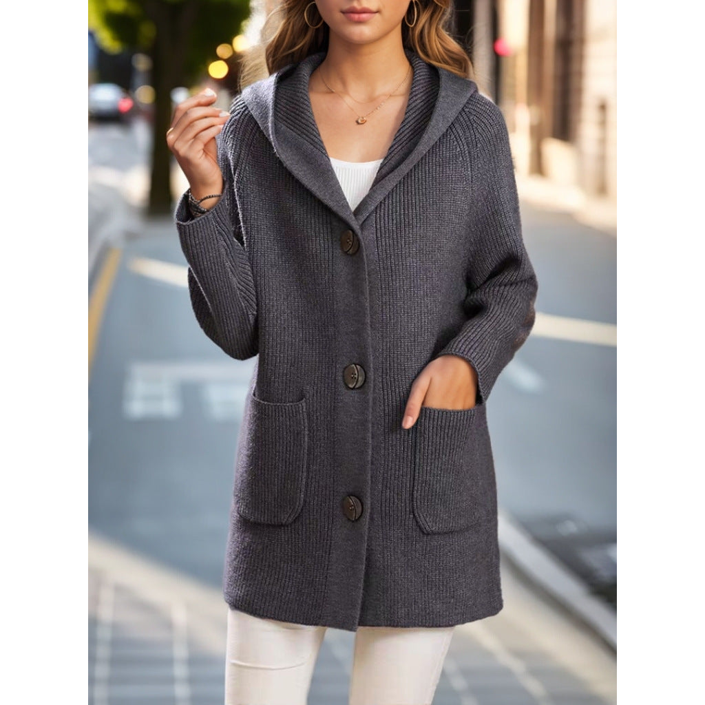 Women's long ribbed hooded cardigan with patch pockets and distinctive buttons Mune Fashion