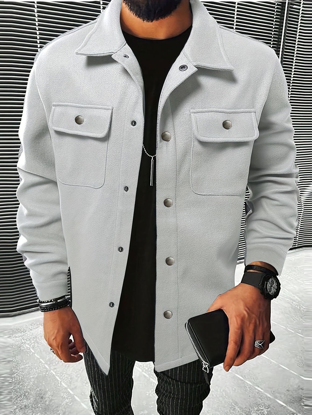 Men's shirt jacket made of wool blend with snap buttons and patch pockets Mune Fashion