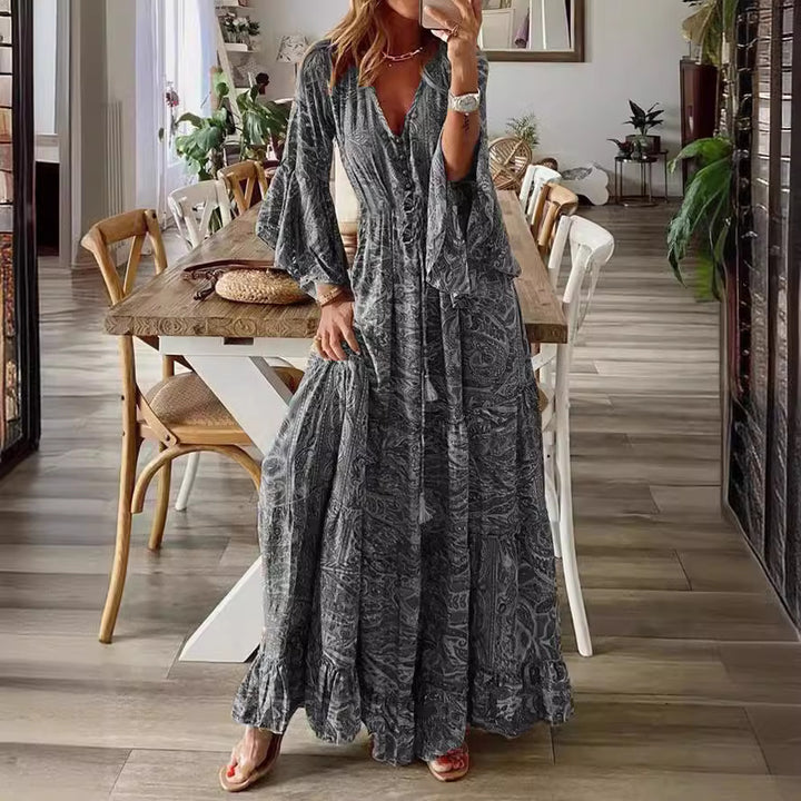 Women’s Boho Maxi Dress with Paisley Print, V-Neck, Ruffle Sleeves, and Waist Tie Belt Mune Fashion