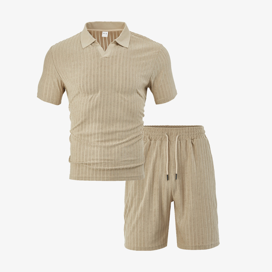 Men's knit lounge ensemble with polo collar V-insert and drawstring bermudas Mune Fashion