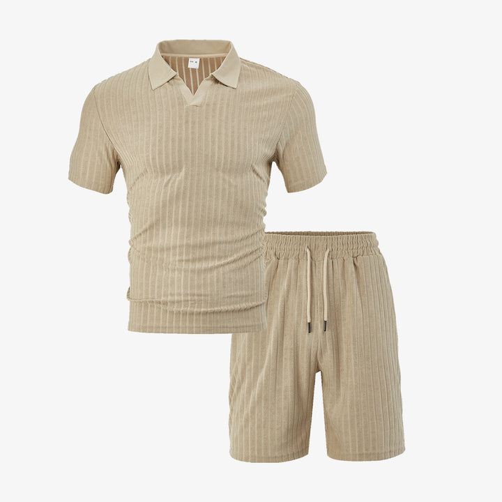 Men's knit lounge ensemble with polo collar V-insert and drawstring bermudas Mune Fashion