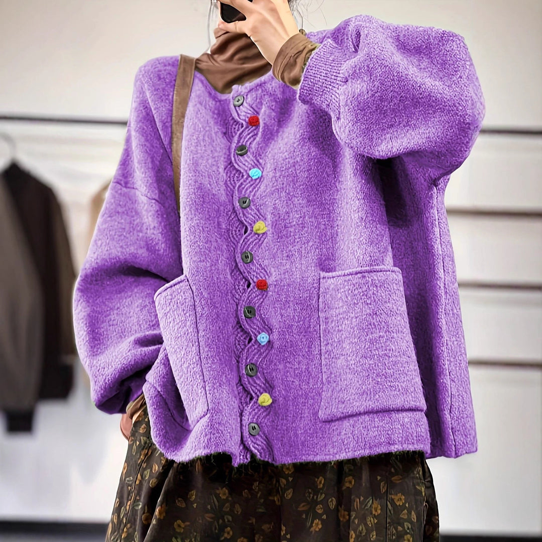 Women's Oversized Knit Cardigan with Decorative Button Placket and Patch Pockets Drune