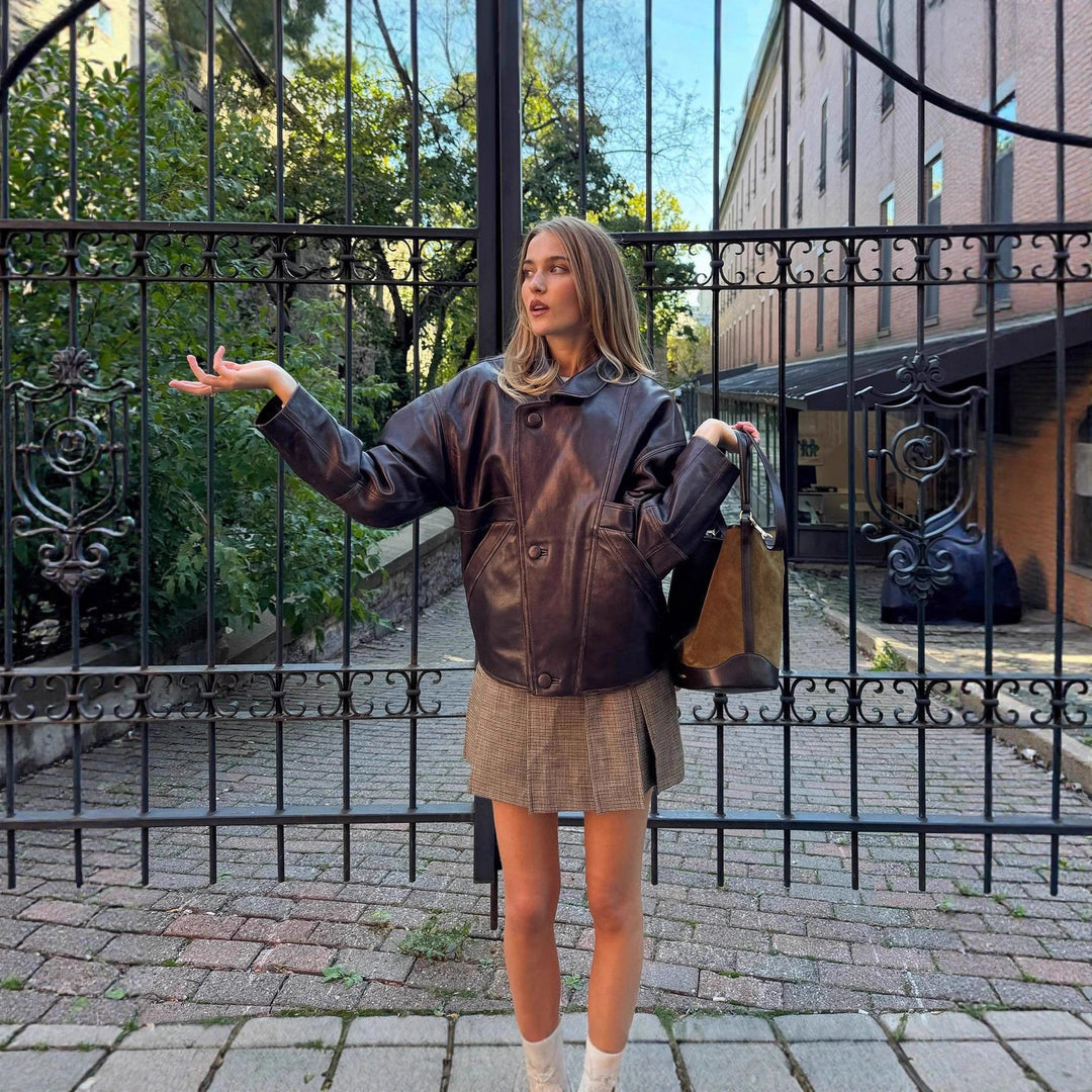 Women Short Boxy Faux Leather Blouson with Geometric Stitch Details and Shirt Collar Mune Fashion