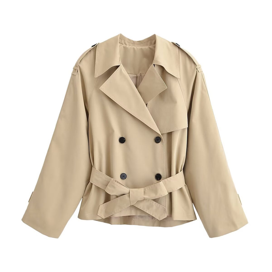 Women's short trench coat with wide cut, double-breasted button placket and waist belt Mune Fashion