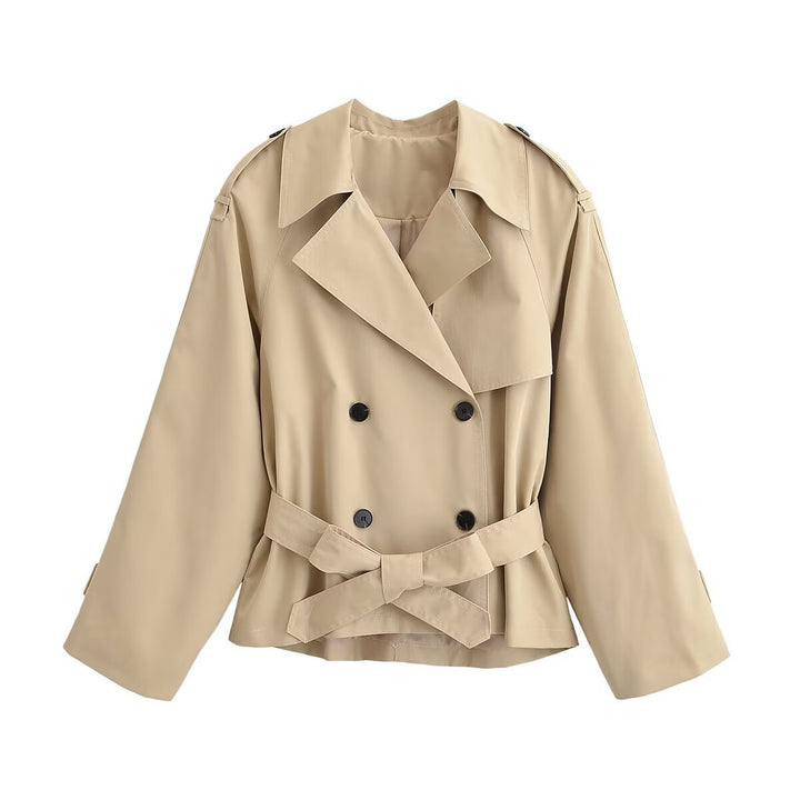 Women's short trench coat with wide cut, double-breasted button placket and waist belt Mune Fashion
