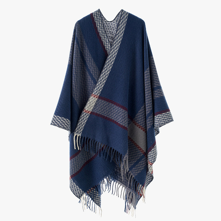 Women's Oversize Cape Poncho made of Wool Blend with Checkered Pattern and Fringe Hem Mune Fashion