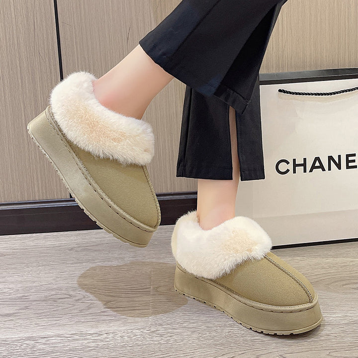 Women Padded Platform Slippers with Fur Collar and Non-Slip Profile Sole Mune Fashion