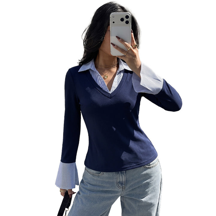 Women Fitted Layering Long Sleeve Shirt with Shirt Collar and Flared Cuffs Mune Fashion