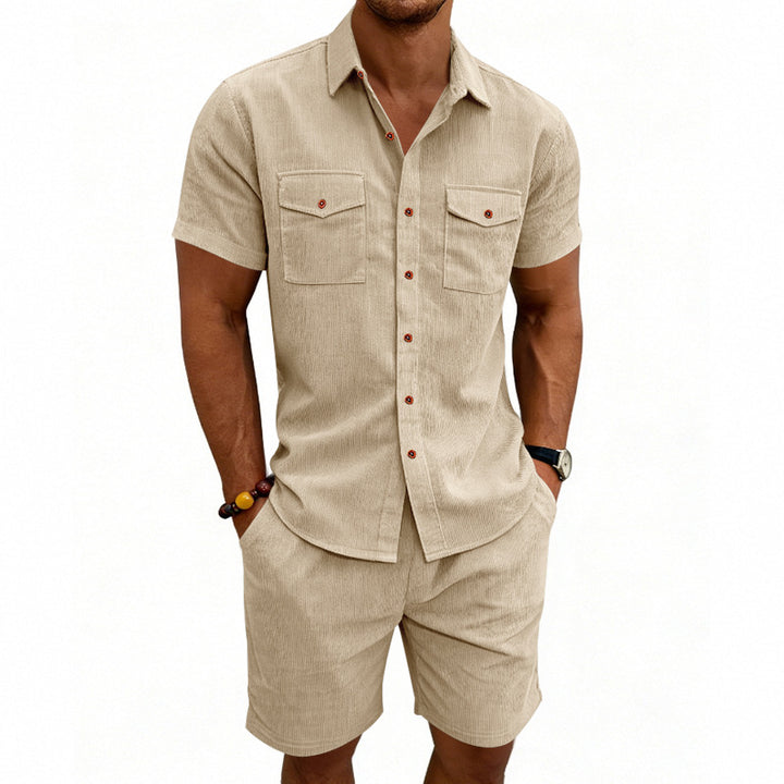 Men's structured cord leisure set with camp collar shirt and casual shorts Mune Fashion