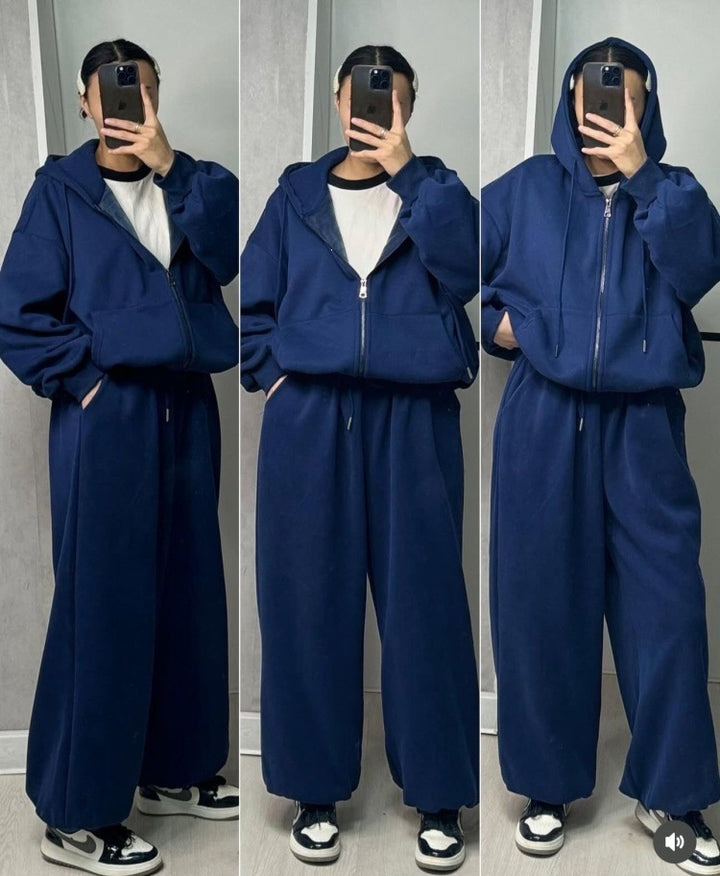 Women's oversized hooded jacket with zipper and wide jogging pants lounge set Mune Fashion