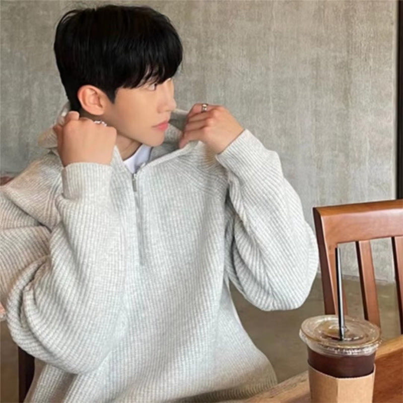 Men's Oversized Knit Half-Zip Hoodie with Ribbed Structure Mune Fashion