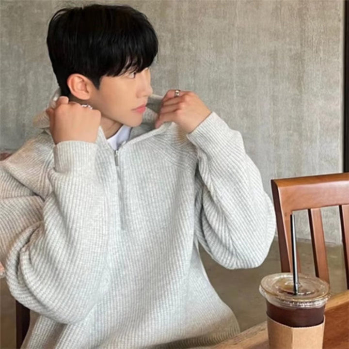 Men's Oversized Knit Half-Zip Hoodie with Ribbed Structure Mune Fashion