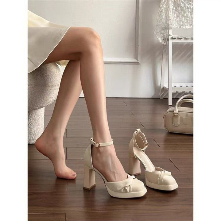 Ladies Velvet Pumps with Gathered Knot Vamp, Ankle Strap and Sculpted Block Heel Mune Fashion