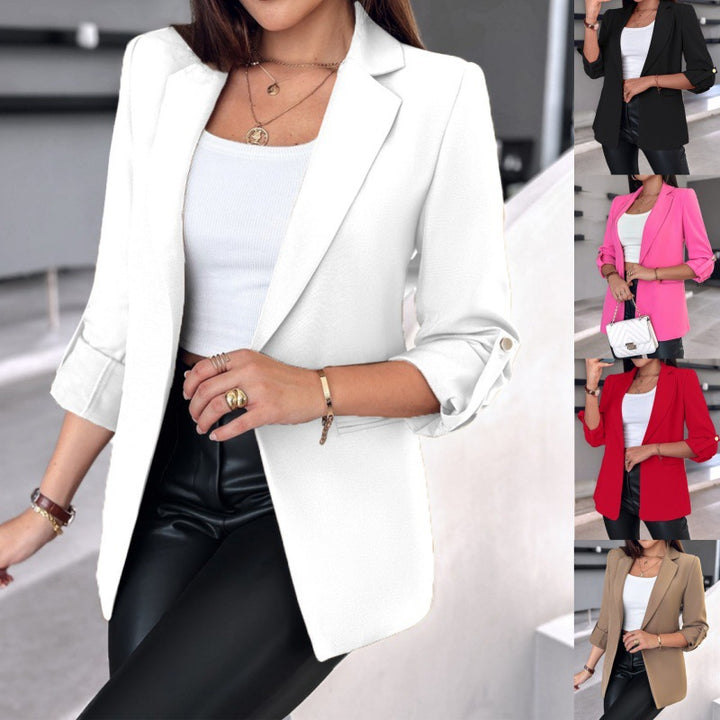 Women's tailored long blazer with rolled-up sleeves, lapel collar, and slim silhouette Mune Fashion