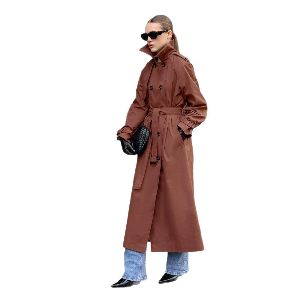 Women long cut water-repellent trench coat with high stand-up collar and waist belt Mune Fashion
