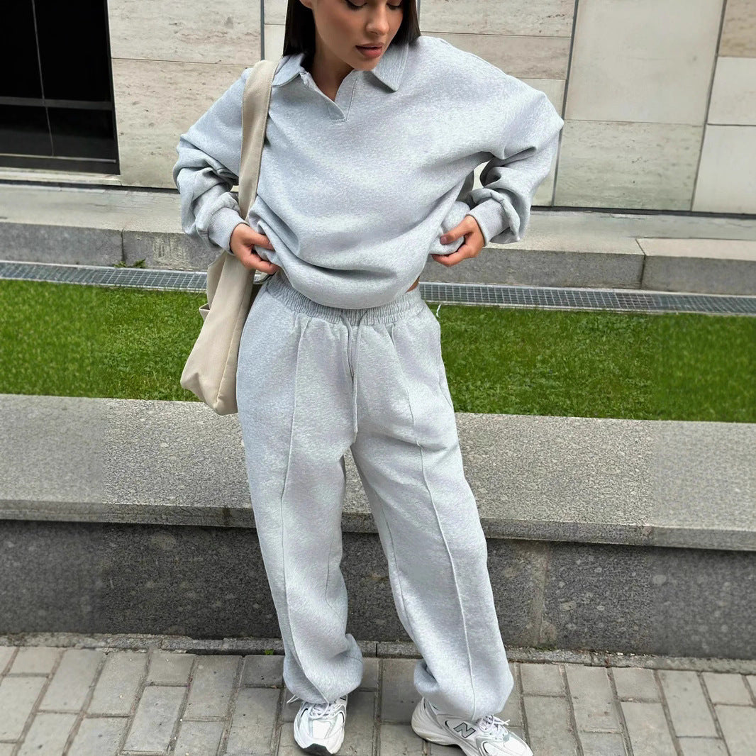 Women's Relaxed Polo Sweatshirt with V-Notch and Gathered Drawstring Jogging Pants Mune Fashion