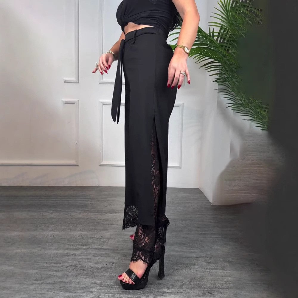 Women high-waisted tailored trousers with side slit, transparent lace underlay and tie belt Mune Fashion