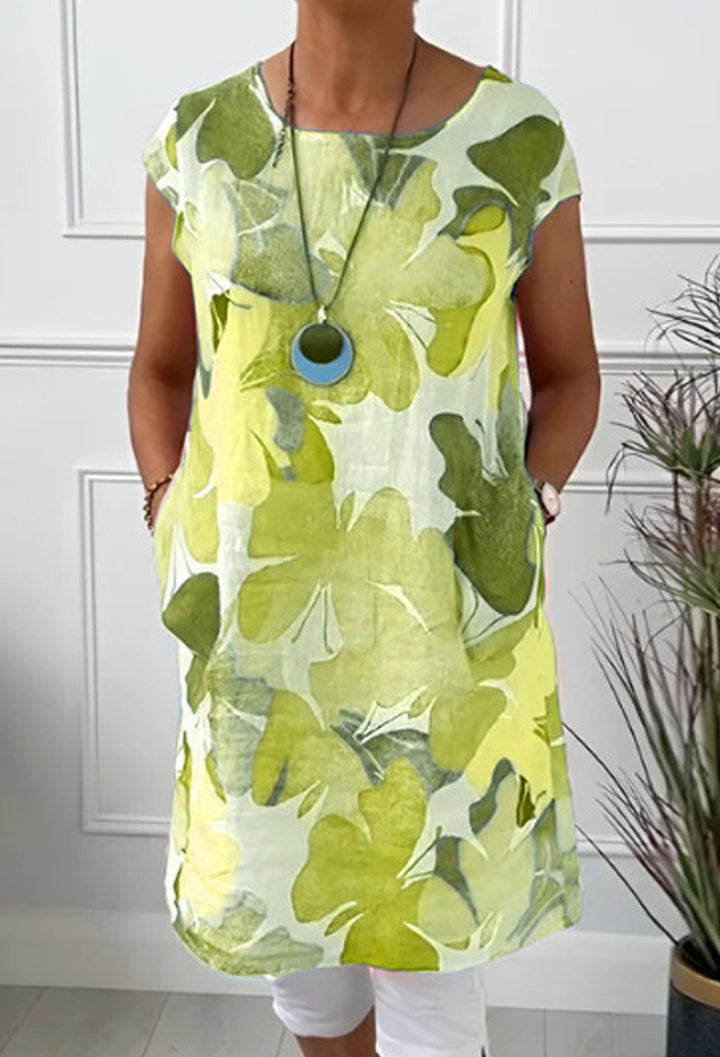 Ladies' airy tunic midi dress made of linen blend with watercolor flower print and side pockets Mune Fashion