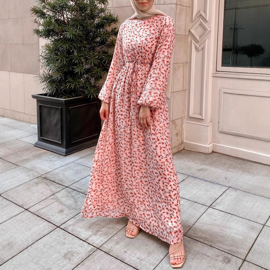 Women Floral Maxi Dress with Drawstring Waist and Balloon Sleeves Drune
