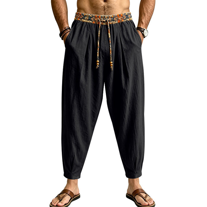 Men's loosely cut harem pants made of linen mix with patterned drawstring Mune Fashion