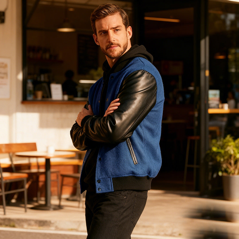 Men's varsity bomber jacket in college style with wool body and leather sleeves Mune Fashion